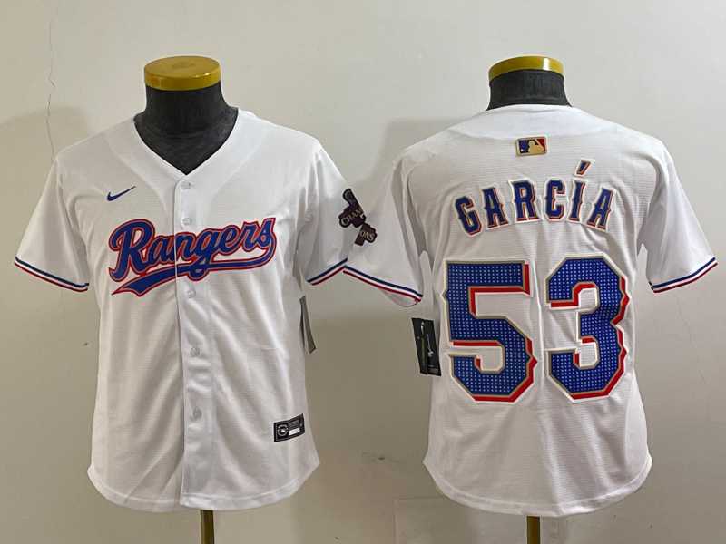 Youth Texas Rangers #53 Adolis Garcia White 2024 Gold Collection Limited Cool Base Jersey,We sell and wholesale Youth Texas Rangers #53 Adolis Garcia White 2024 Gold Collection Limited Cool Base Jersey on line form chian!